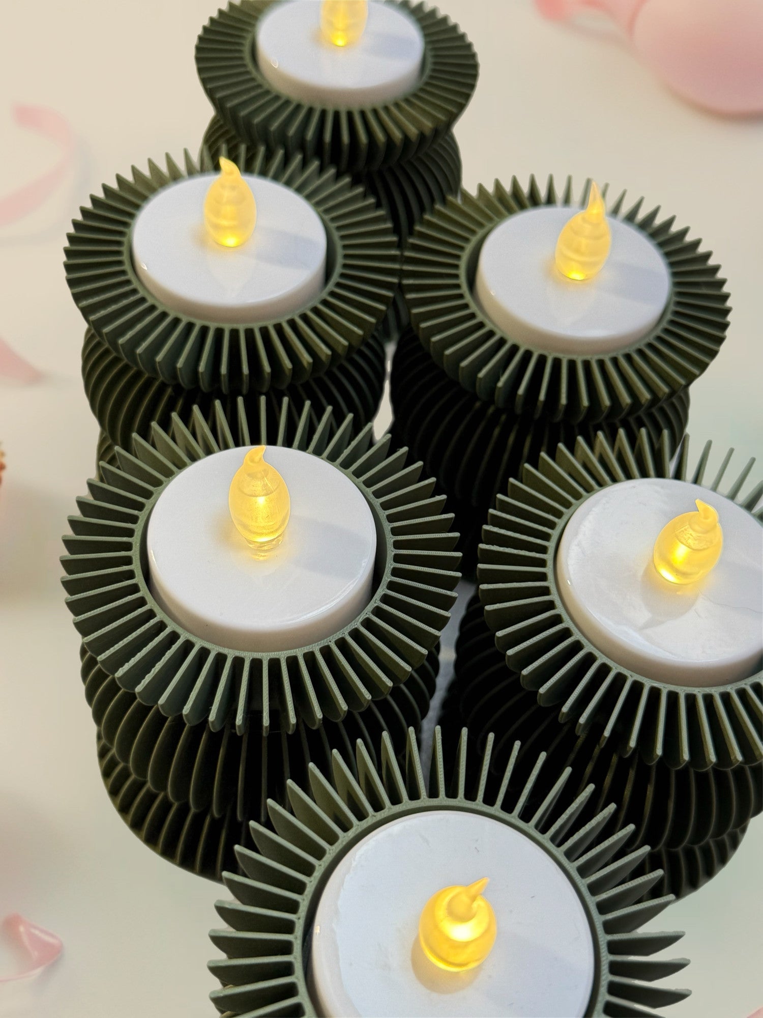 6 Romantic Tea Light Candle Holders + Electric Candles + Batteries "Attraction" Olive Green