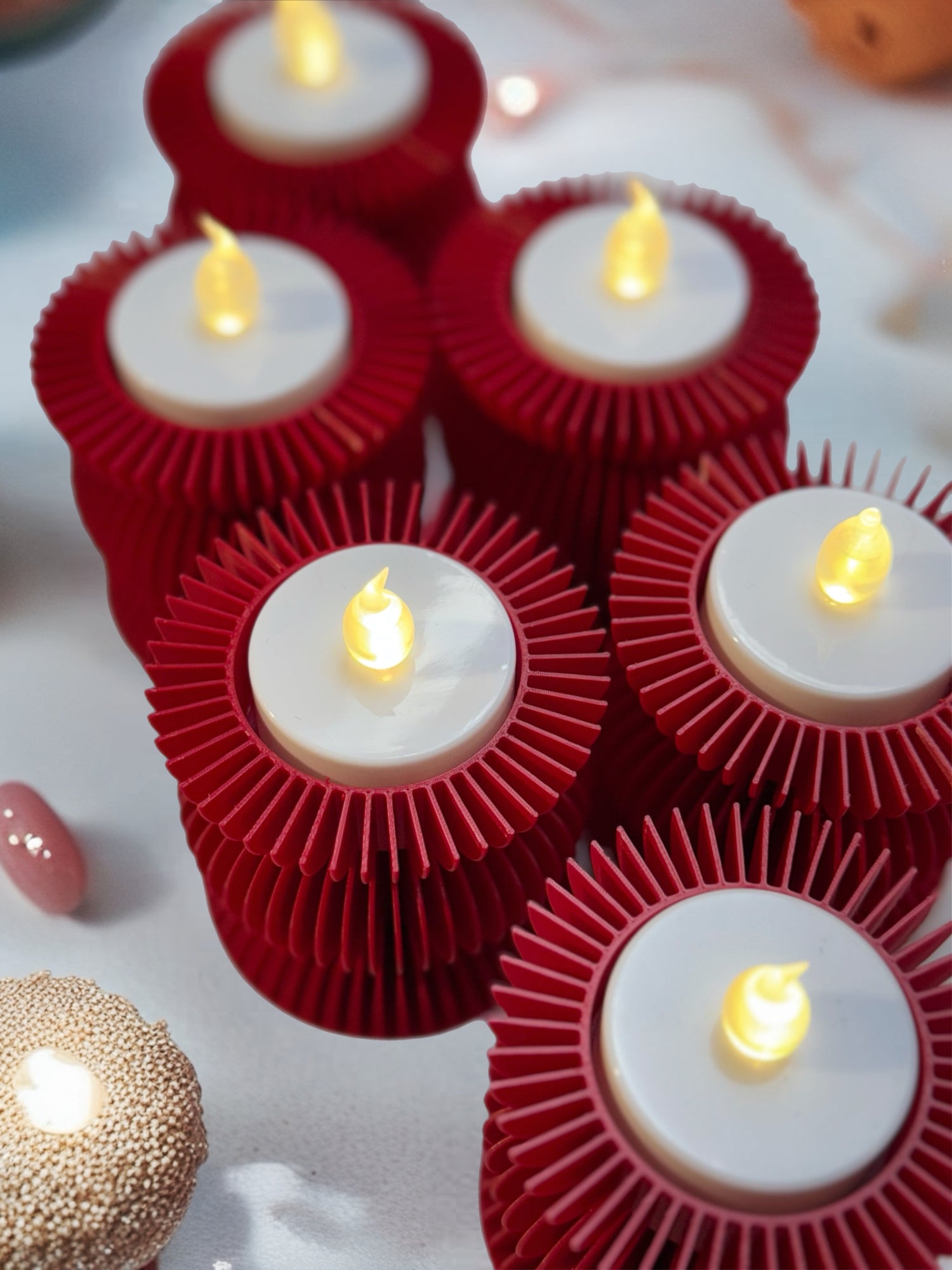 6 Romantic Tea Light Candle Holders + Electric Candles + Batteries "Attraction" Maroon Red