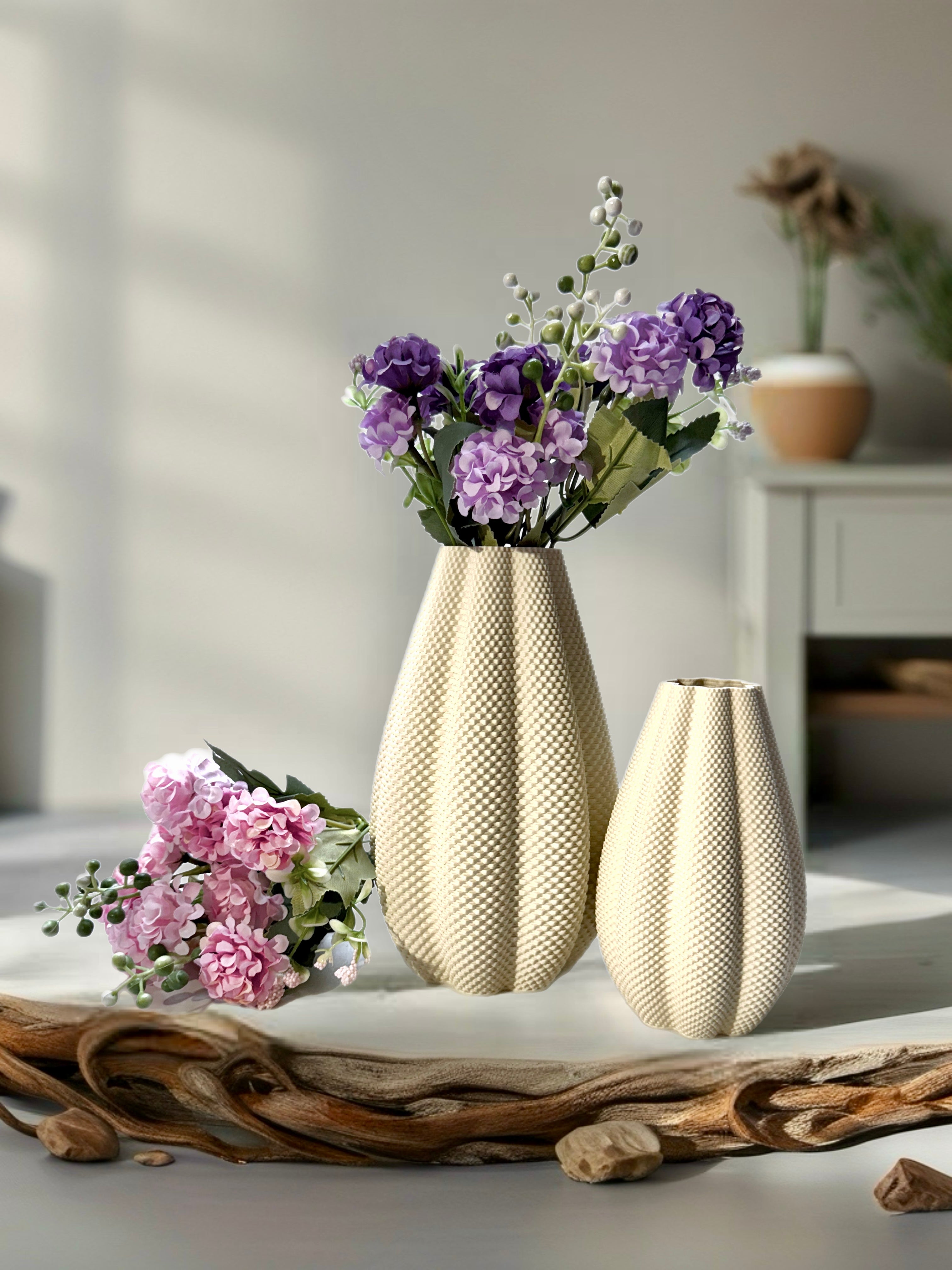 Indoor Duo Vases "Sol" for Dried Flowers or Grasses Cream White