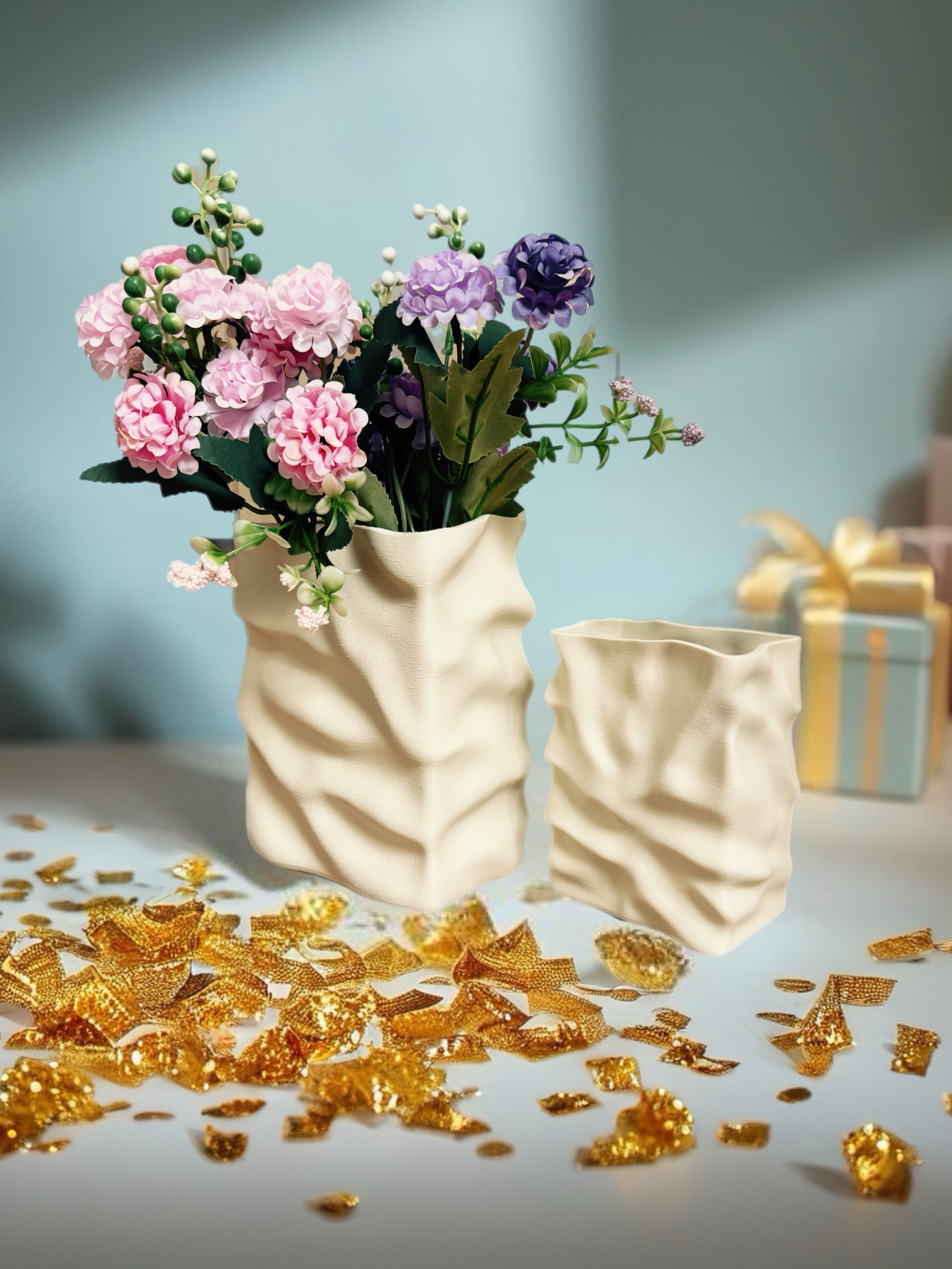 Dried Flower Vase Duo "Paper Bag" Cream White