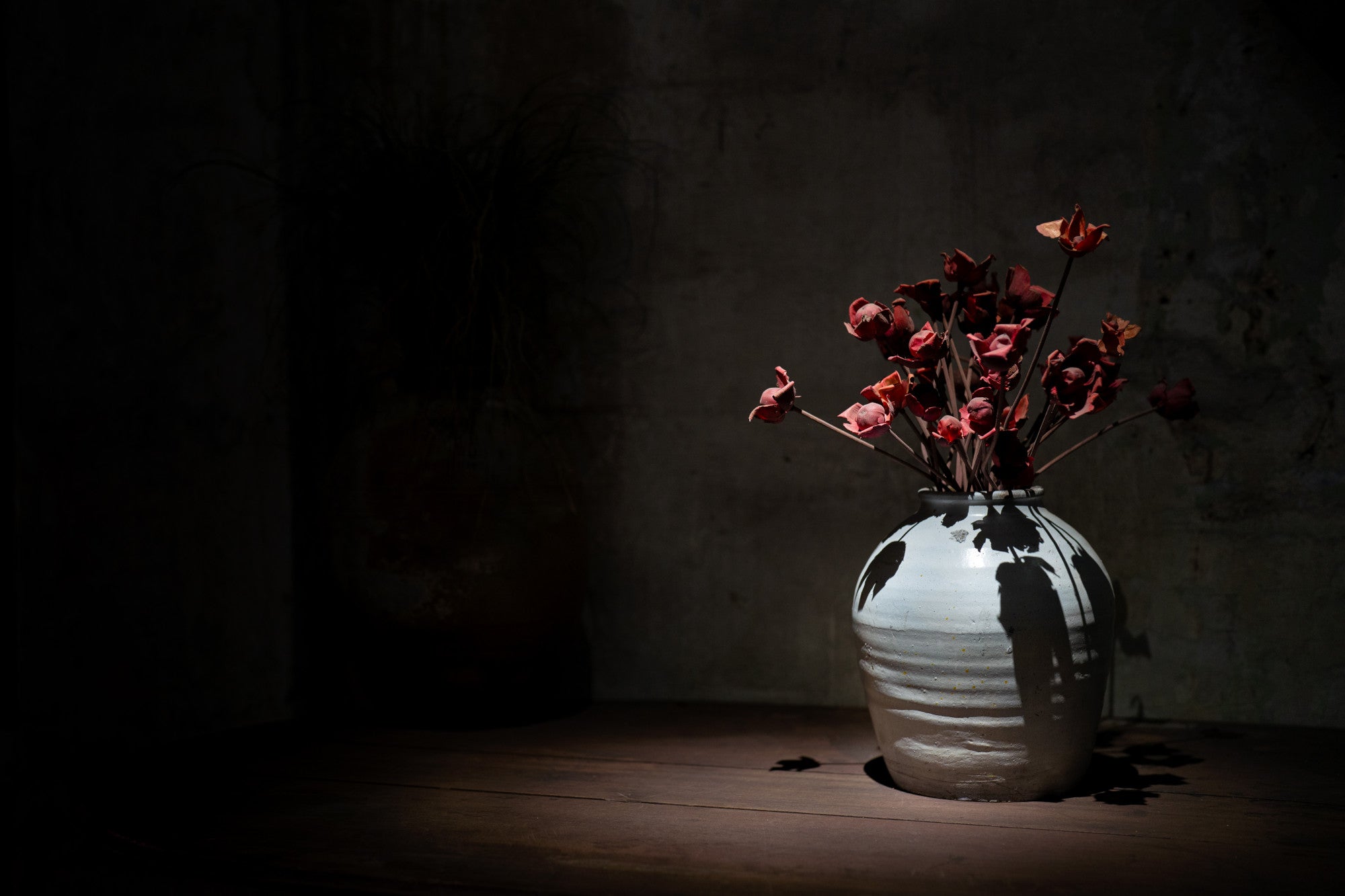 White vase with dried flowers on a dark background