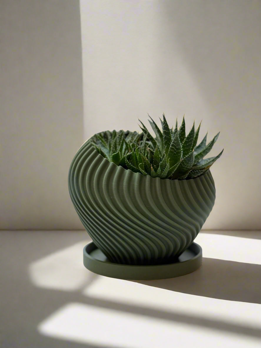 Modern Indoor Planter with Little Platter "Swirl" Olive Green