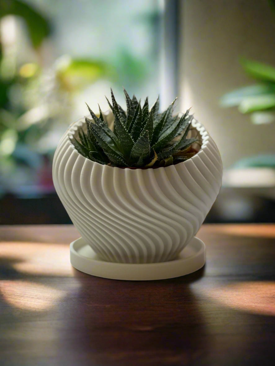 Modern Indoor Planter with Little Platter "Swirl" White